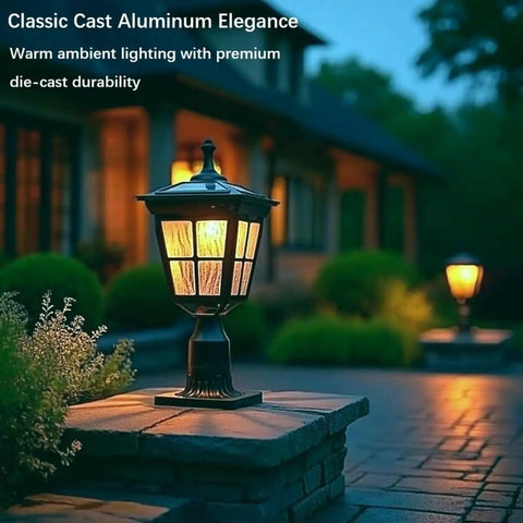 Outdoor Dusk To Dawn Solar Post Light For Garden And Yard Poles Cast Aluminum Waterproof LED Pillar Lamp With Glass Lens