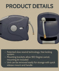 100 Ft Retractable Hose Reel With Wall Mount, Auto Rewind, Slow Rewind Tech, side and back view, charcoal finish