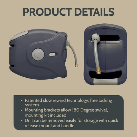 100 Ft Retractable Hose Reel With Wall Mount, Auto Rewind, Slow Rewind Tech, side and back view, charcoal finish