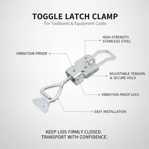 Toggle Latch Clamp Stainless Steel Fastener, showing adjustable tension, easy installation, vibration-proof for toolboxes and equipment cases.