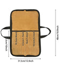 Open view of Durable Portable Chefs Knife Roll With 4 Slots Grab And Go Water Repellent Canvas Knife Storage Bag showing dimensions.