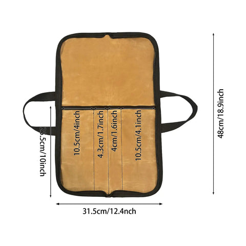 Open view of Durable Portable Chefs Knife Roll With 4 Slots Grab And Go Water Repellent Canvas Knife Storage Bag showing dimensions.