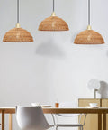 Two Pack Linen Cord Boho Pendant Lights With Hemp Rattan Wicker Brushed Brass Finish Ideal For Kitchen Island And Dining Room E26 LED Compatible Bulbs Not Included Dimmable With Dimmer Easy Hardwired Installation illuminating a dining room