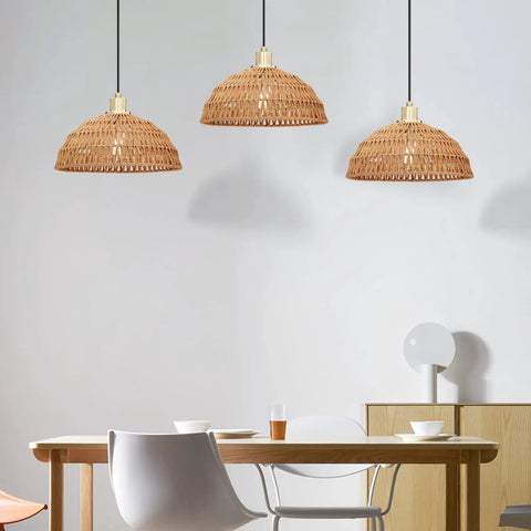 Two Pack Linen Cord Boho Pendant Lights With Hemp Rattan Wicker Brushed Brass Finish Ideal For Kitchen Island And Dining Room E26 LED Compatible Bulbs Not Included Dimmable With Dimmer Easy Hardwired Installation illuminating a dining room