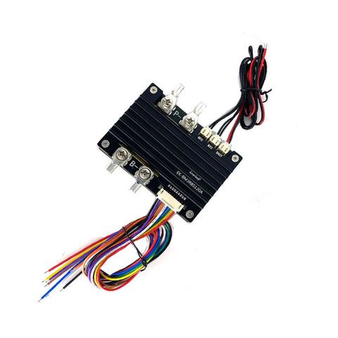 Pro Level 4S Ternary Lithium Battery BMS Protection Board Built Tough With 120a Surge Breaker, featuring exposed aluminum fins and connecting wires.
