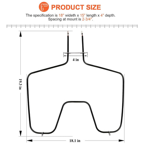 Oven Bake Element Replacement WB44K5012 For GE Hotpoint Kenmore Ranges, dimensions 19.3 x 18.1 x 4 in, shown with measurements.