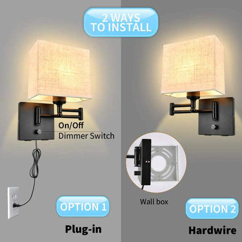 Plug In Wall Sconce With 2 USB Ports, Dimmable Swing Arm, installation options showing fabric linen shade and wall mounting.