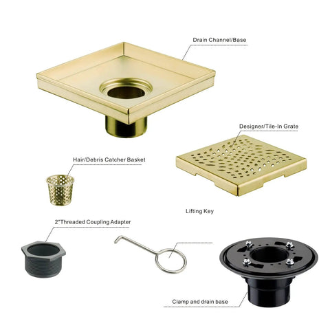 Components of Gold Brushed Square Shower Drain With Flange 6 Inch Stainless Steel 304 Floor Drain For Shower With Removable Hair Strainer