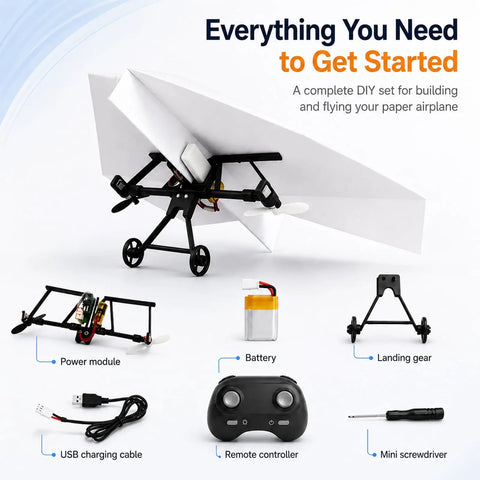 DIY Paper Airplane RC Kit For Grownups Build A Motorized Remote Control Paper Plane With Propeller Easy To Fly Electric Flying Module Micro Aircraft Project For Creative Design And Fun Flights components displayed