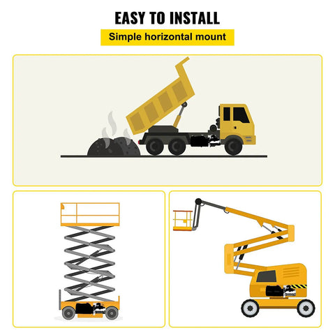 Diagram showcasing the Beefy 12V DC Hydraulic Pump Dual Acting Unit with 11.4L tank on dump truck, scissor lift, aerial platform.