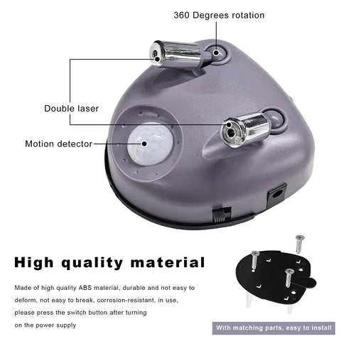 Close-up view of dual motion activated laser guides showing 360 degree rotation and motion detector for car parking sensor.