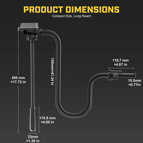 Product dimensions of Badass Cordless Fuel Transfer Pump Compatible With DeWalt And Milwaukee Power Tools, showcasing size and reach.