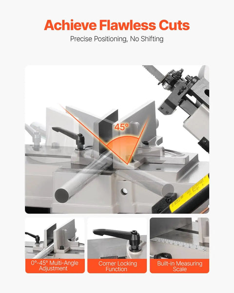 Metal Horizontal Band Saw With 7 By 12 Inch Rectangular Cutting Capacity, Dual 110V To 220V Power, showing 0°-45° angle adjustment.