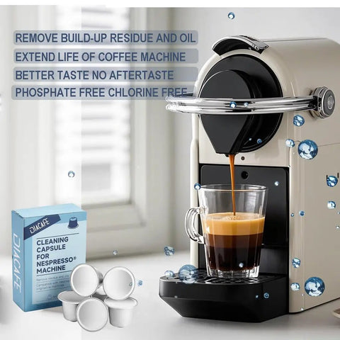 Cleaning Capsule Pods For Nespresso OriginalLine Machines 6 Pack Descaling Pods And Cleaning Solution To Remove Residue And Oils box and pods beside machine