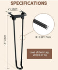 Hella Sturdy 12.6 Inch Foldable Hairpin Table Legs Built Solid Steel Furniture Supports with specifications on load capacity and dimensions.