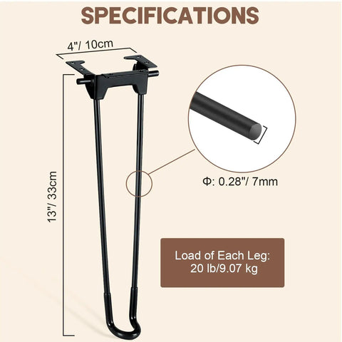 Hella Sturdy 12.6 Inch Foldable Hairpin Table Legs Built Solid Steel Furniture Supports with specifications on load capacity and dimensions.