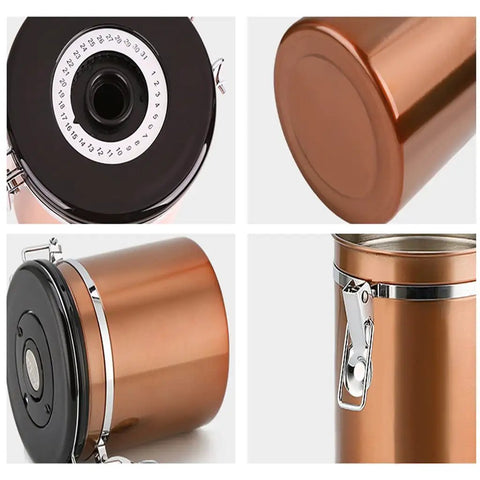Legit Airtight Coffee Canister With Sweet Built In Scoop And Vacuum Sealed Stainless Steel Design Featuring One Way Degassing Valve Plus Handy Date Tracker Lid, showing top view and side close-up.