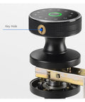 Close-up view of Solid Pro Grade Smart Lock Fingerprint Knob Door with key hole, showcasing touchscreen design and intricate mechanism.
