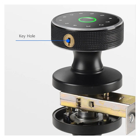 Close-up view of Solid Pro Grade Smart Lock Fingerprint Knob Door with key hole, showcasing touchscreen design and intricate mechanism.