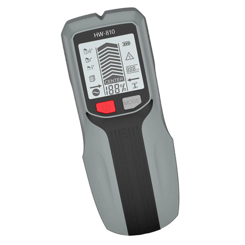 Professional Handheld Wall and Metal Detector Wall Scanner with LCD Screen showing detection metrics and buttons.