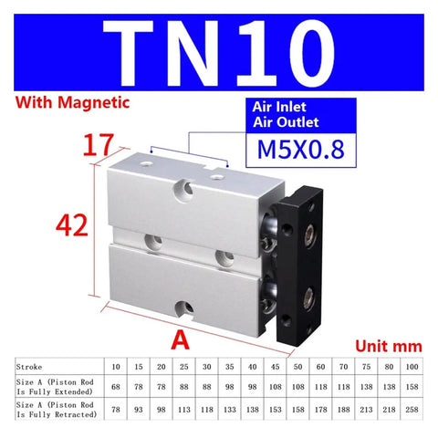 Heavy Duty Twin Rod Air Cylinder Crafted To Nail Any Pneumatic Task With Smooth Guided Pistons Built Different, TN10 model with dimensions visible.