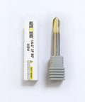 Side view of WEXWE Tools chamfer end mill, 1/4 in shank, 3-flute, 90° cutting head.