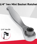 Mini Four Piece One Quarter Inch Drive Ratchet Wrench Set with 72 Tooth Quick Release, side view showing 1/4 inch hex bit