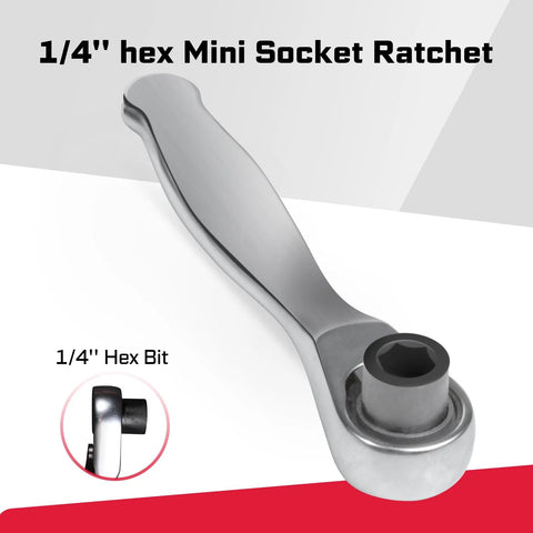 Mini Four Piece One Quarter Inch Drive Ratchet Wrench Set with 72 Tooth Quick Release, side view showing 1/4 inch hex bit