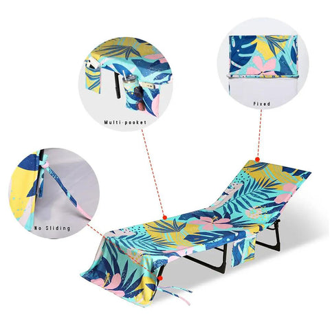 Beach Lounge Chair Towel Cover With Side Pockets, Ultra Soft Microfiber And Terry Cloth, 80 By 26 Inches, Palm Leaves Pattern, shown on chair