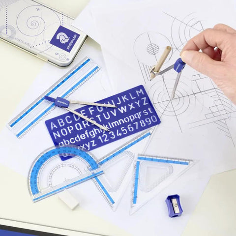 Complete Geometry Drawing Set With Metal Compass, 6 Inch Ruler, Alphabet Stencil, And Two Set Squares For 30 And 60 Degree Angles And 45 Degree Precision Drafting Tools For Students And Pros.
