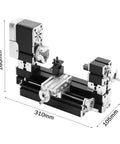 Smooth Operator Mini Metal Lathe Boasting A Sixty Watt Motor Running Up To Twelve Thousand Rpm And Fifty Millimeter Center Height, dimensions shown.
