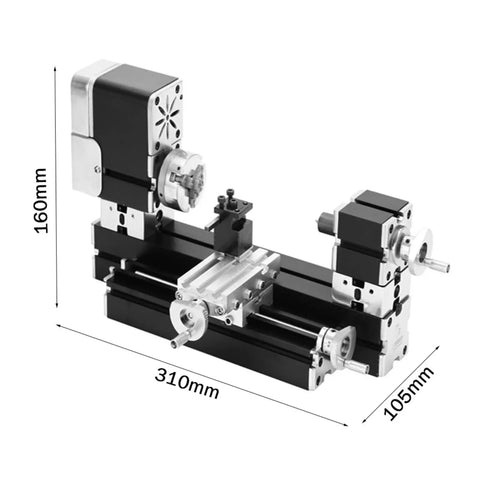 Smooth Operator Mini Metal Lathe Boasting A Sixty Watt Motor Running Up To Twelve Thousand Rpm And Fifty Millimeter Center Height, dimensions shown.