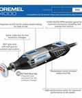 Diagram of Pro Grade Variable Speed Rotary Tool Kit with labeled features, including speed range and attachments compatibility.