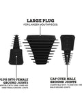 Universal Cleaning Plugs For Glass Water Pipes And More That Seal Tight Fits Male And Female Joints Durable Reusable Design No Fuss Cleaning Easy To Use Leak Proof Seal Black, three different sizes shown