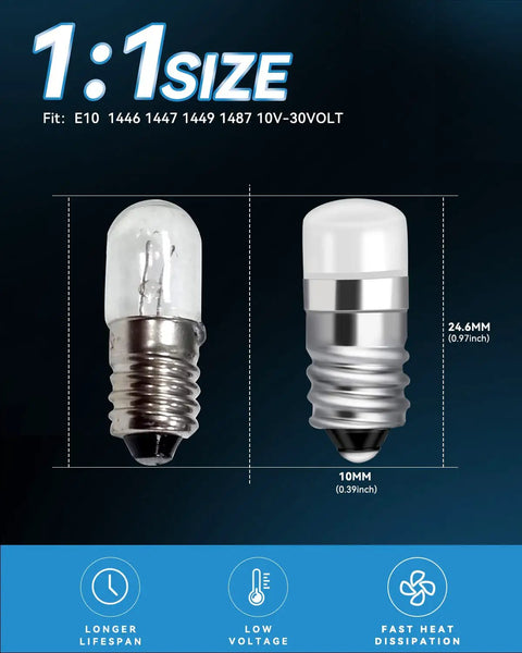 Two E10 miniature bulbs side by side, showcasing 10mm screw base and size comparison for low voltage lighting.