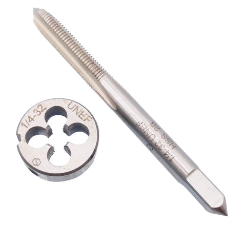 Pro Grade 1/4-32 UNEF Tap and Die Set Right Hand HSS for Metalworking, 73mm Tap Length, 20mm Die OD, 1 Tap, 1 Die shown