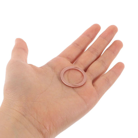 Copper Crush Washer Set 150 Pcs For Oil Drain Plug Gasket Kit With High Thermal Conductivity, Leakproof Seals, Boxed Storage, Versatile Sizes For Cars Trucks And DIYers copper washer in hand