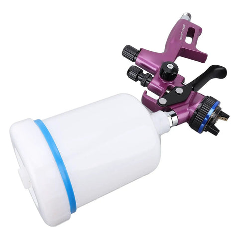 Pro Level HVLP Spray Gun Kit With A One Point Three Millimeter Tip And Six Hundred Milliliter Cup, featuring a purple spray gun and white cup.
