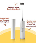 USB Rechargeable Electric Milk Frother Handheld Wand With Dual Speed Stainless Steel Whisk, shown with travel case and whisk exposed