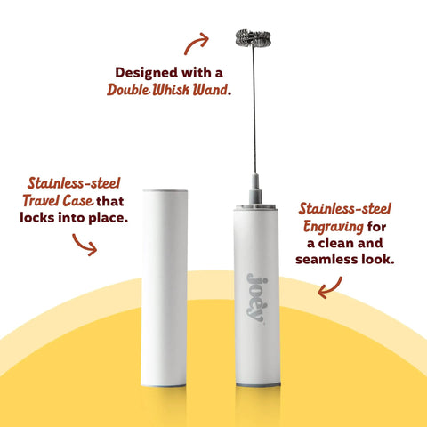 USB Rechargeable Electric Milk Frother Handheld Wand With Dual Speed Stainless Steel Whisk, shown with travel case and whisk exposed