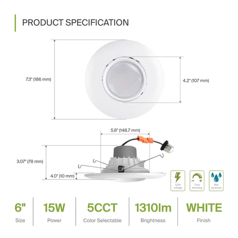 Product specifications for 6 Inch Gimbal LED Recessed Light With White Trim, 15W 1310 Lumen Dimmable Downlight.