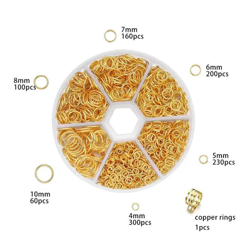 Over 1050 Pcs Open Jump Rings Set In Gold Tone, 304 Stainless Steel in six sizes, organized in a storage box for jewelry making.