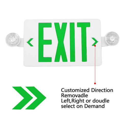 Two Pack Green LED Exit Sign With Emergency Lights And Battery Backup, Adjustable Head Lamps, Dual LED Fixture