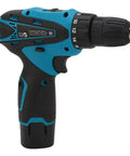 Tough As Nails 12V Cordless Drill Packed With A Sleek 1300mAh Lithium Battery, side view showing keyless chuck and grip.