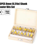 Top Tier 15 Pc Router Bit Set With 8mm Shank Carbide Cutting Edges For Precision Wood Trimming in wooden case.