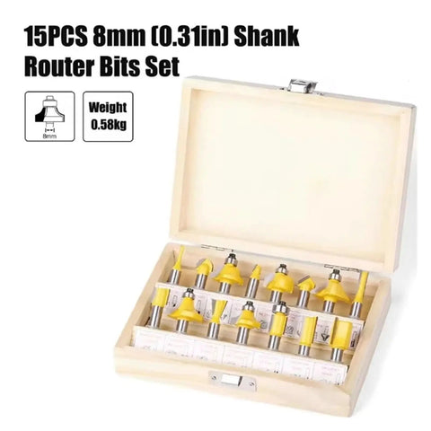 Top Tier 15 Pc Router Bit Set With 8mm Shank Carbide Cutting Edges For Precision Wood Trimming in wooden case.