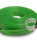 Green 3-Inch By 100-Foot Heavy-Duty Reinforced PVC Lay-Flat Discharge And Backwash Hose with clamps, coiled.