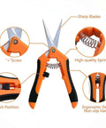 All-Purpose Pruning Shears For Gardening, Stainless Steel Bypass Pruners With Sharp Pointed Tips, Spring-Loaded Hand Shears For Plants And Light Branches, Ergonomic Green Garden Clippers For Easy Yard Work, orange and black with lock