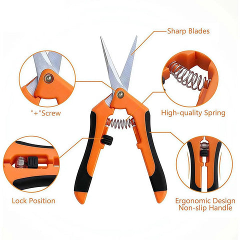 All-Purpose Pruning Shears For Gardening, Stainless Steel Bypass Pruners With Sharp Pointed Tips, Spring-Loaded Hand Shears For Plants And Light Branches, Ergonomic Green Garden Clippers For Easy Yard Work, orange and black with lock