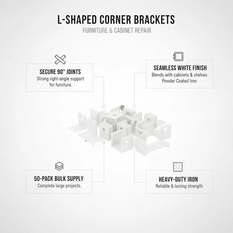 Pro Grade White Iron L Brackets For Furniture Assembly Corner Reinforcement Brackets 2.6 X 2.6 Inch Right Angle Supports Heavy Duty 50 Pack